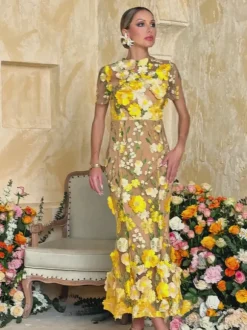 Alirio Embroidered Flower Midi Dress