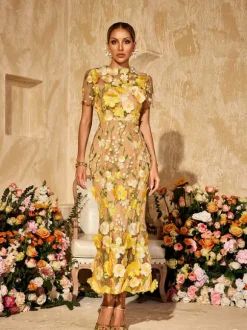 Alirio Embroidered Flower Midi Dress