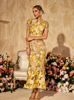 Alirio Embroidered Flower Midi Dress