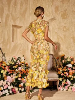Alirio Embroidered Flower Midi Dress