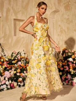 Alirio Halterneck Embroidered Flower Maxi Dress
