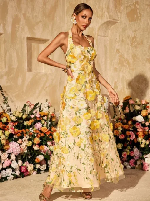 Alirio Halterneck Embroidered Flower Maxi Dress
