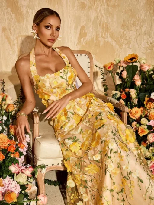Alirio Halterneck Embroidered Flower Maxi Dress