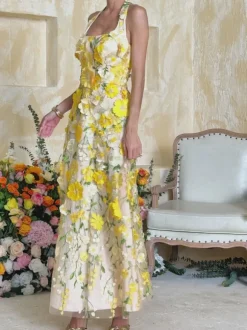 Alirio Halterneck Embroidered Flower Maxi Dress