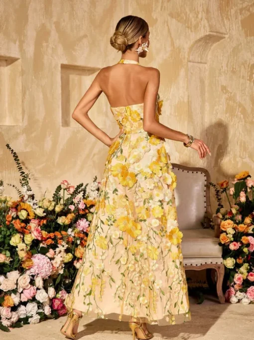 Alirio Halterneck Embroidered Flower Maxi Dress