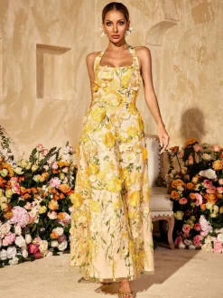 Alirio Halterneck Embroidered Flower Maxi Dress