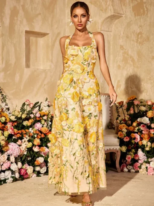 Alirio Halterneck Embroidered Flower Maxi Dress