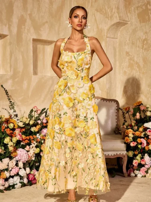 Alirio Halterneck Embroidered Flower Maxi Dress