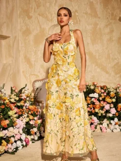 Alirio Halterneck Embroidered Flower Maxi Dress