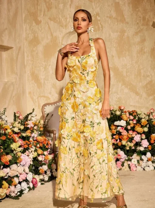 Alirio Halterneck Embroidered Flower Maxi Dress
