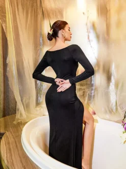 Alisha U Neck Ruched Split Maxi Dress