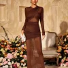 Alkas Long Sleeve Ruched Mesh Maxi Dress