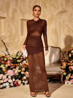 Alkas Long Sleeve Ruched Mesh Maxi Dress