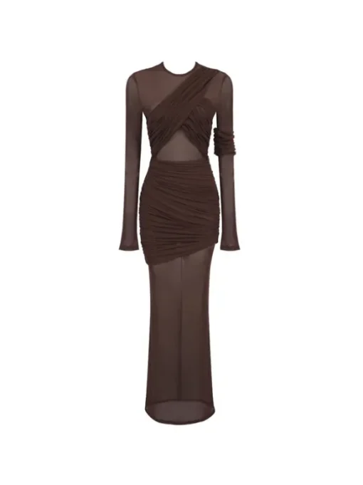 Alkas Long Sleeve Ruched Mesh Maxi Dress