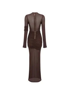 Alkas Long Sleeve Ruched Mesh Maxi Dress