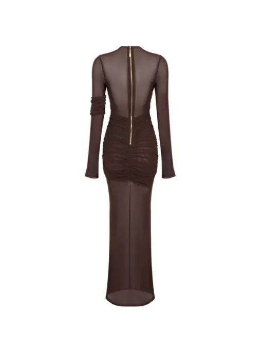 Alkas Long Sleeve Ruched Mesh Maxi Dress