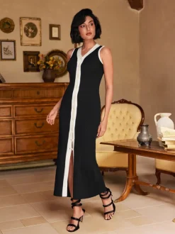 Allston V Neck Button Knitted Midi Dress In Black