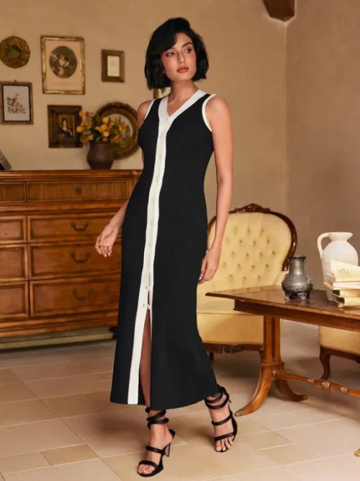 Allston V Neck Button Knitted Midi Dress In Black