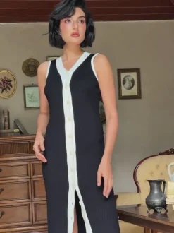 Allston V Neck Button Knitted Midi Dress In Black