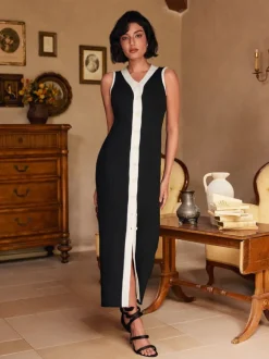 Allston V Neck Button Knitted Midi Dress In Black