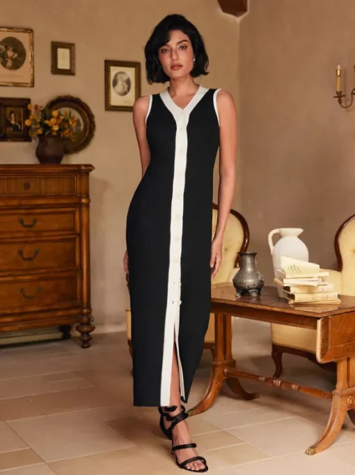 Allston V Neck Button Knitted Midi Dress In Black