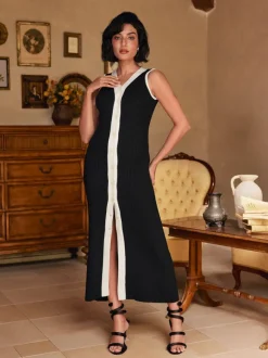 Allston V Neck Button Knitted Midi Dress In Black