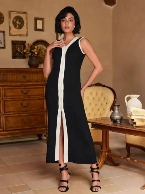 Allston V Neck Button Knitted Midi Dress In Black