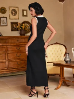 Allston V Neck Button Knitted Midi Dress In Black