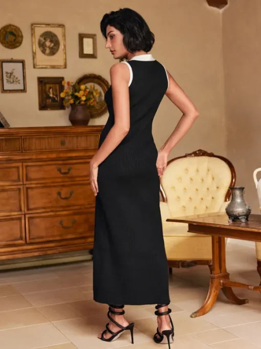 Allston V Neck Button Knitted Midi Dress In Black