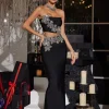Almira Strapless Flower Bandage Skirt Set In Black