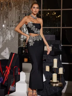 Almira Strapless Flower Bandage Skirt Set In Black