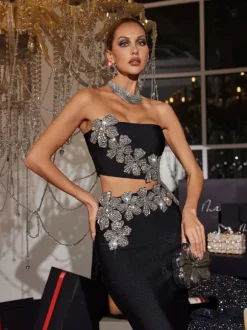 Almira Strapless Flower Bandage Skirt Set In Black