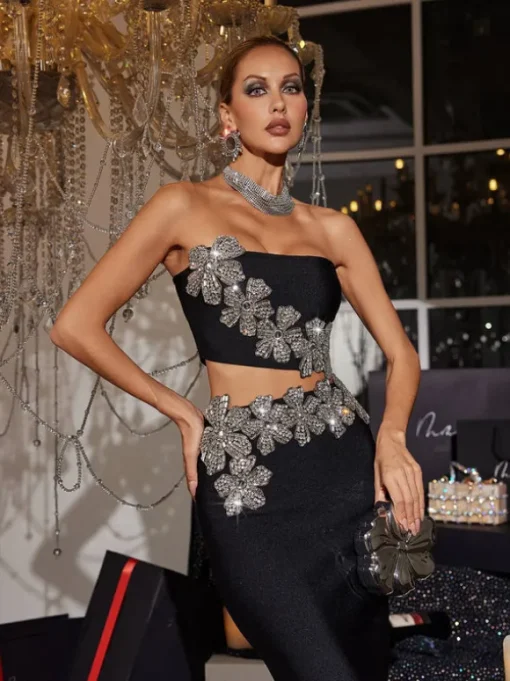 Almira Strapless Flower Bandage Skirt Set In Black