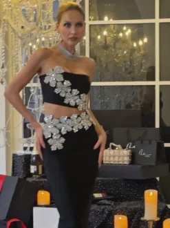 Almira Strapless Flower Bandage Skirt Set In Black