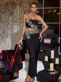 Almira Strapless Flower Bandage Skirt Set In Black