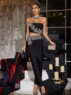 Almira Strapless Flower Bandage Skirt Set In Black