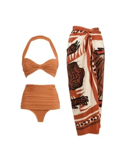 Almond Halterneck Bikini Three Piece Set