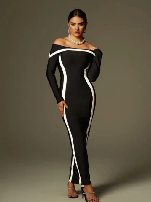 Alyvia Off Shoulder Stripe Bandage Maxi Dress