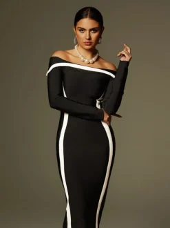 Alyvia Off Shoulder Stripe Bandage Maxi Dress