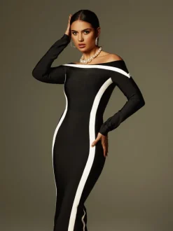 Alyvia Off Shoulder Stripe Bandage Maxi Dress