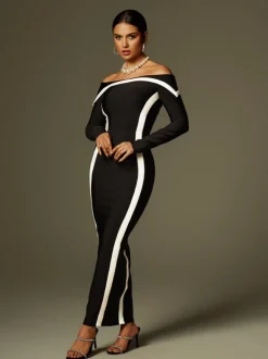 Alyvia Off Shoulder Stripe Bandage Maxi Dress