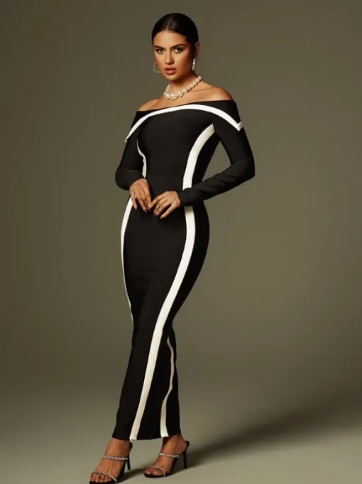 Alyvia Off Shoulder Stripe Bandage Maxi Dress