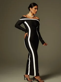 Alyvia Off Shoulder Stripe Bandage Maxi Dress