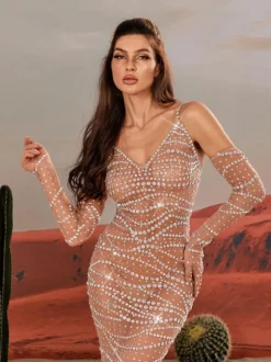 Amahl Spaghetti Rhinestone Mesh Maxi Dress