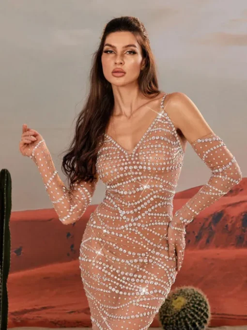 Amahl Spaghetti Rhinestone Mesh Maxi Dress