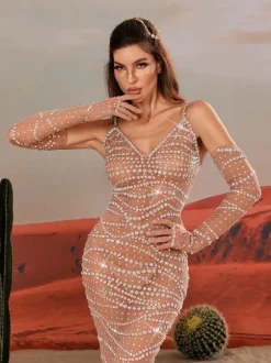 Amahl Spaghetti Rhinestone Mesh Maxi Dress
