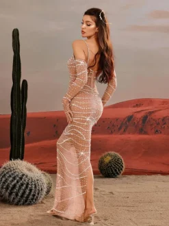 Amahl Spaghetti Rhinestone Mesh Maxi Dress