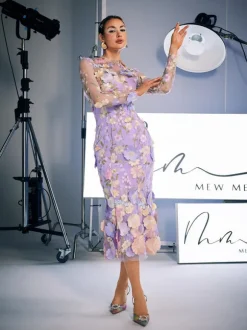 Amara Long Sleeve Embroidered Midi Dress In Purple