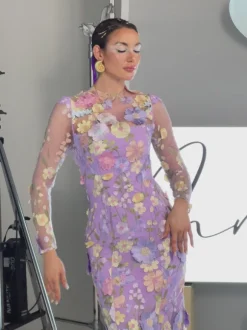 Amara Long Sleeve Embroidered Midi Dress In Purple