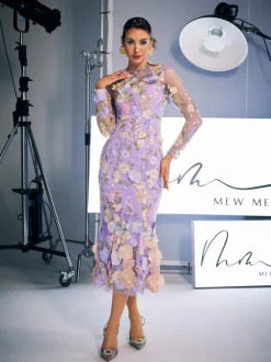 Amara Long Sleeve Embroidered Midi Dress In Purple